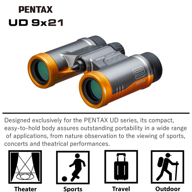 PENTAX Binoculars UD 9x21 - Gray and Orange. A bright and clear field of view, lightweight body with roof prism, Fully Multi-Coated optics, 9x magnification, ideal for concerts, sports, traveling. - Image 4